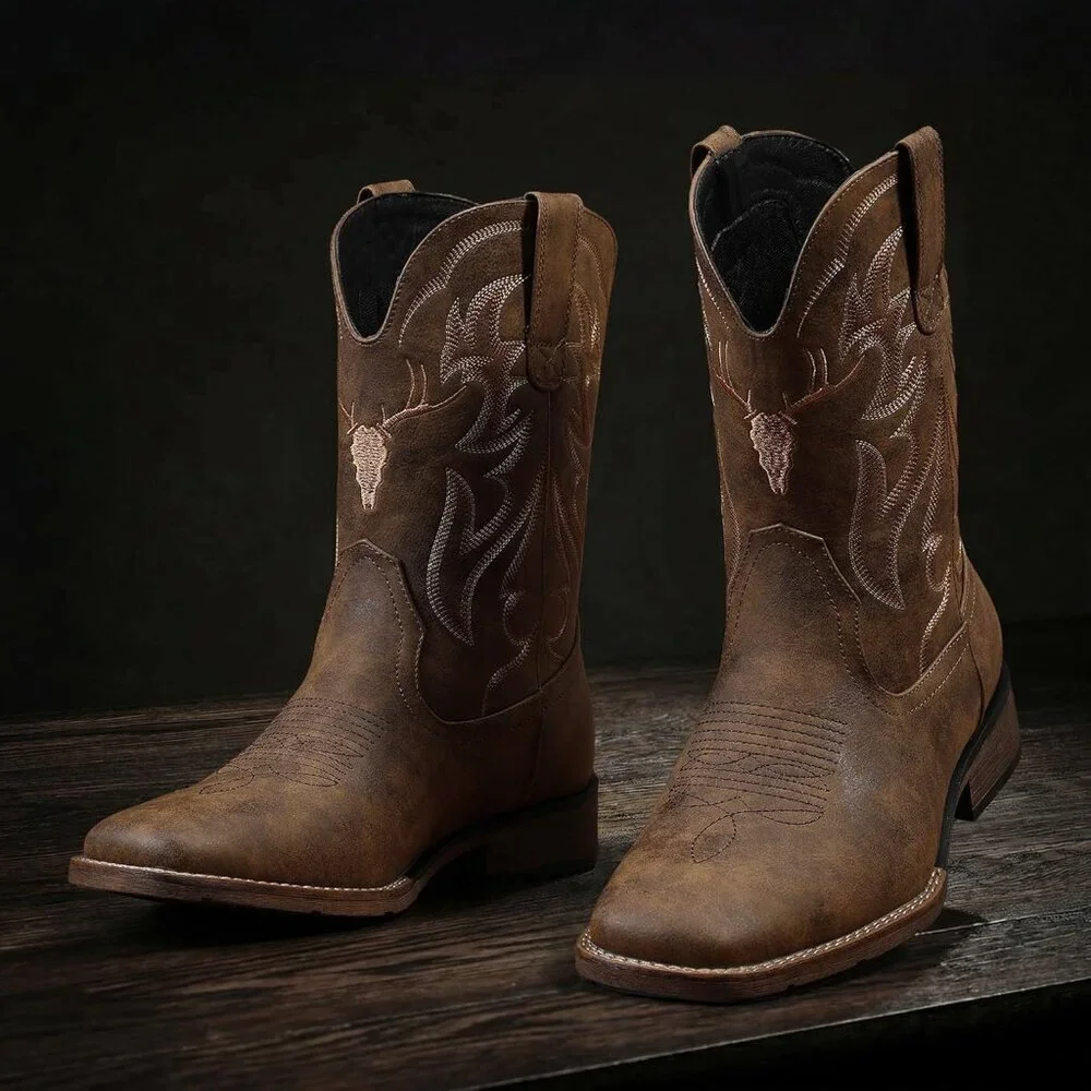 Men's Brown Western Boots Slip Resistant Country Boot Retro Classic Embroidered